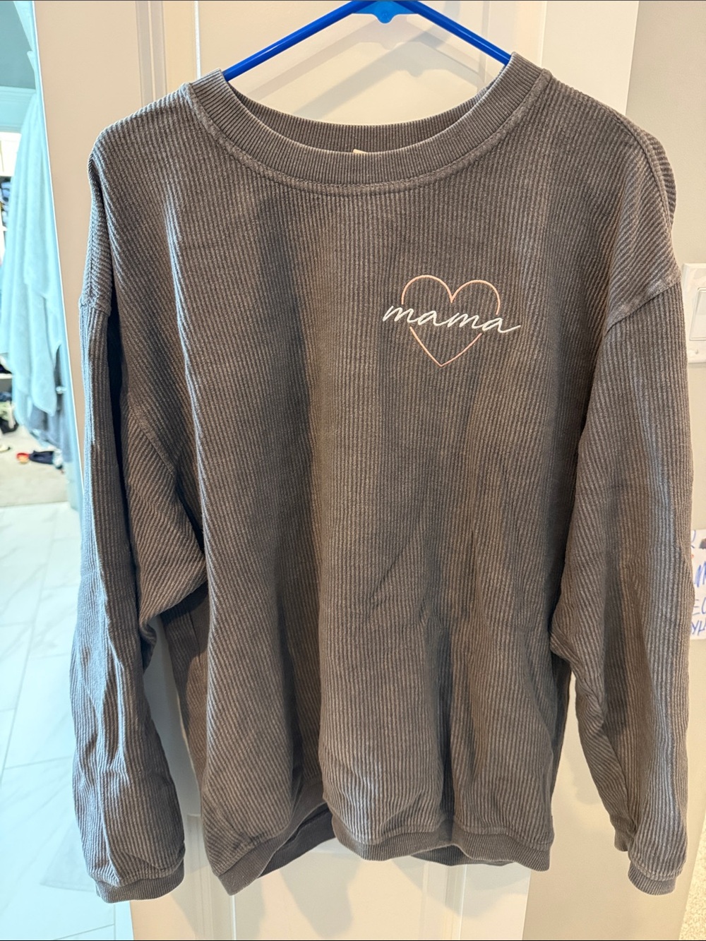Chicka-d Gray Ribbed Sweatshirt with Embroidered “Mama” Heart Detail